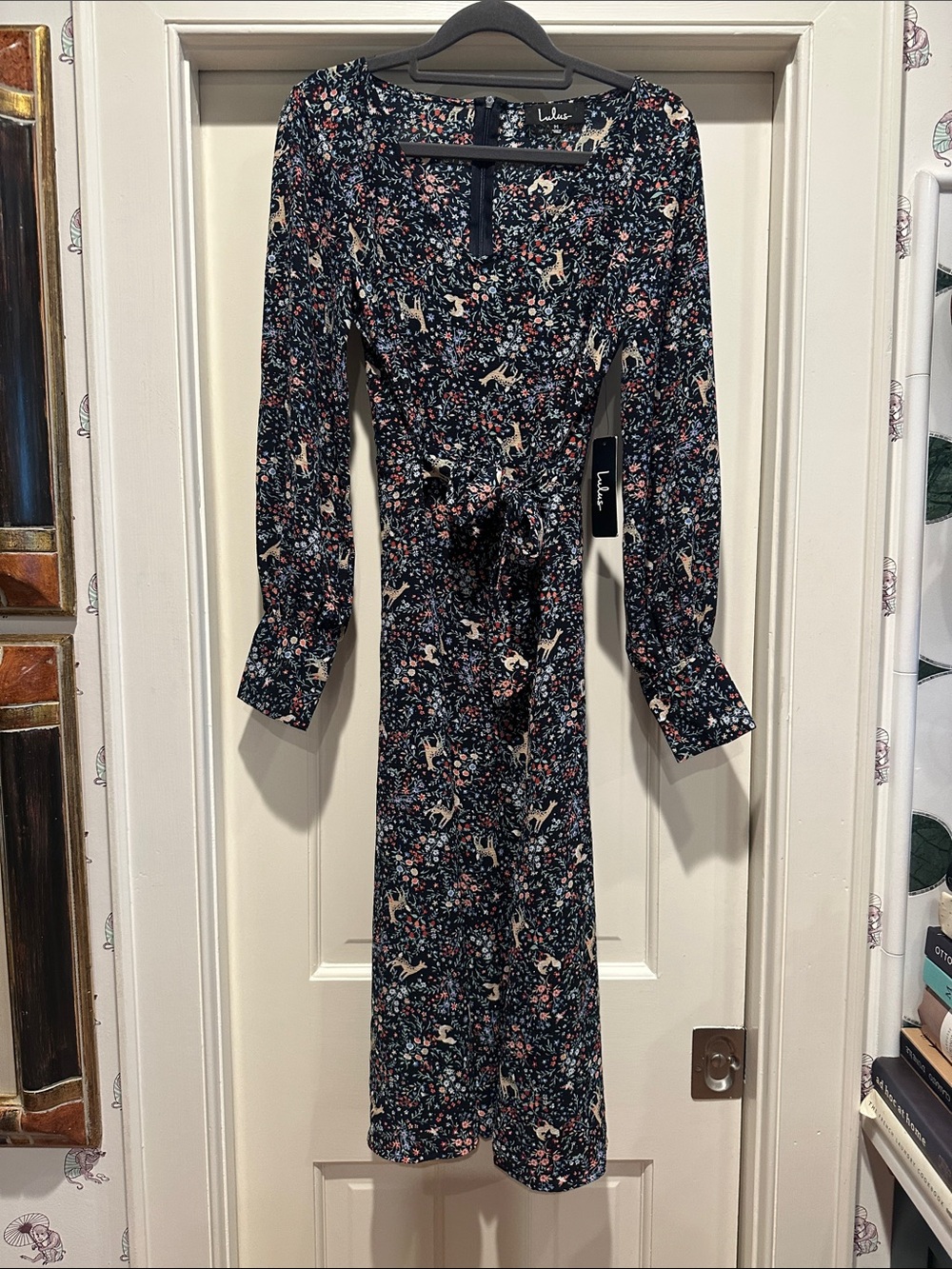 Lulu's Navy Floral Wrap Midi Dress with Cream Accents